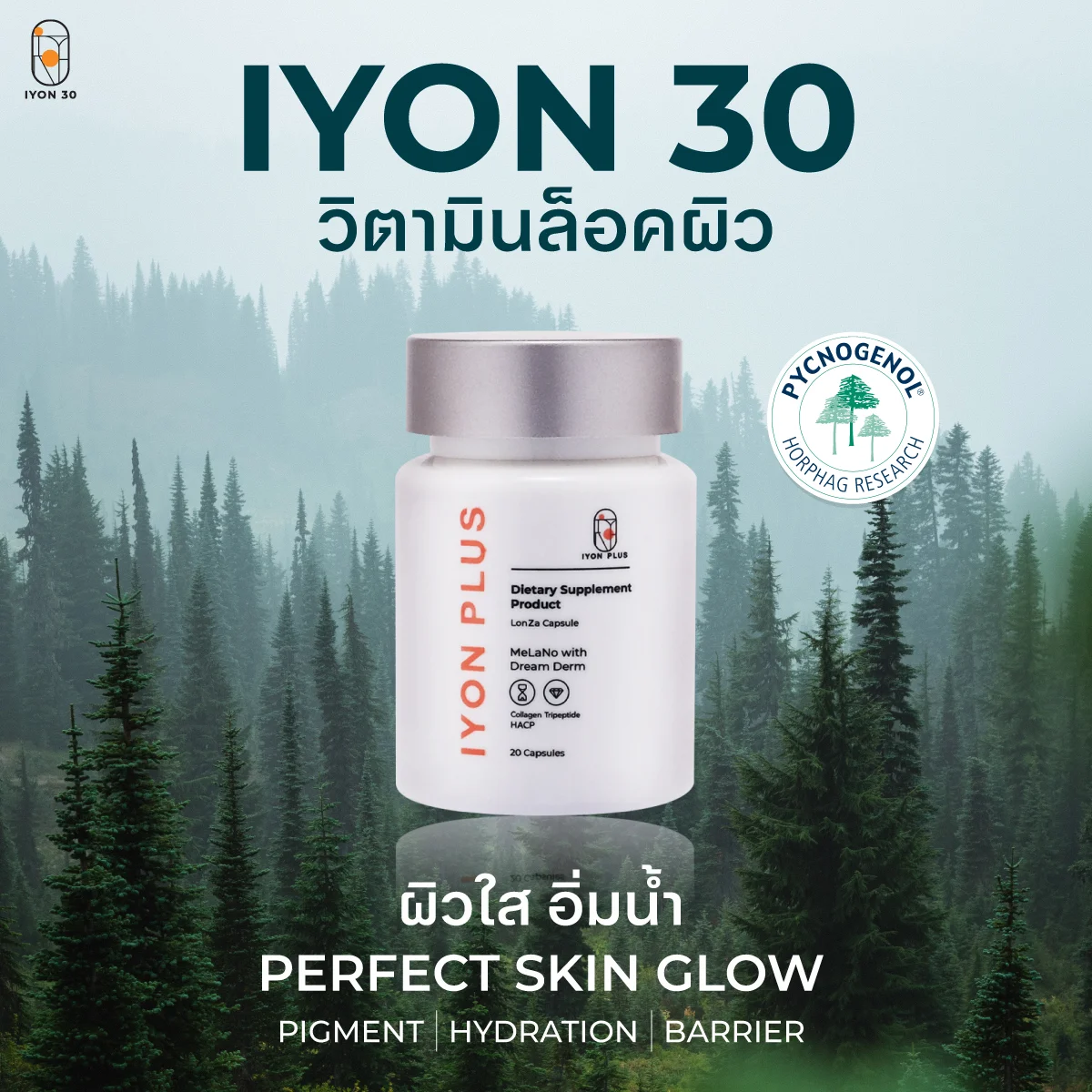 IYON 30 วิตามินล็อคผิว อาหารเสริมผิวใส อิ่มน้ำ Pycnogenol 20 แคปซูล