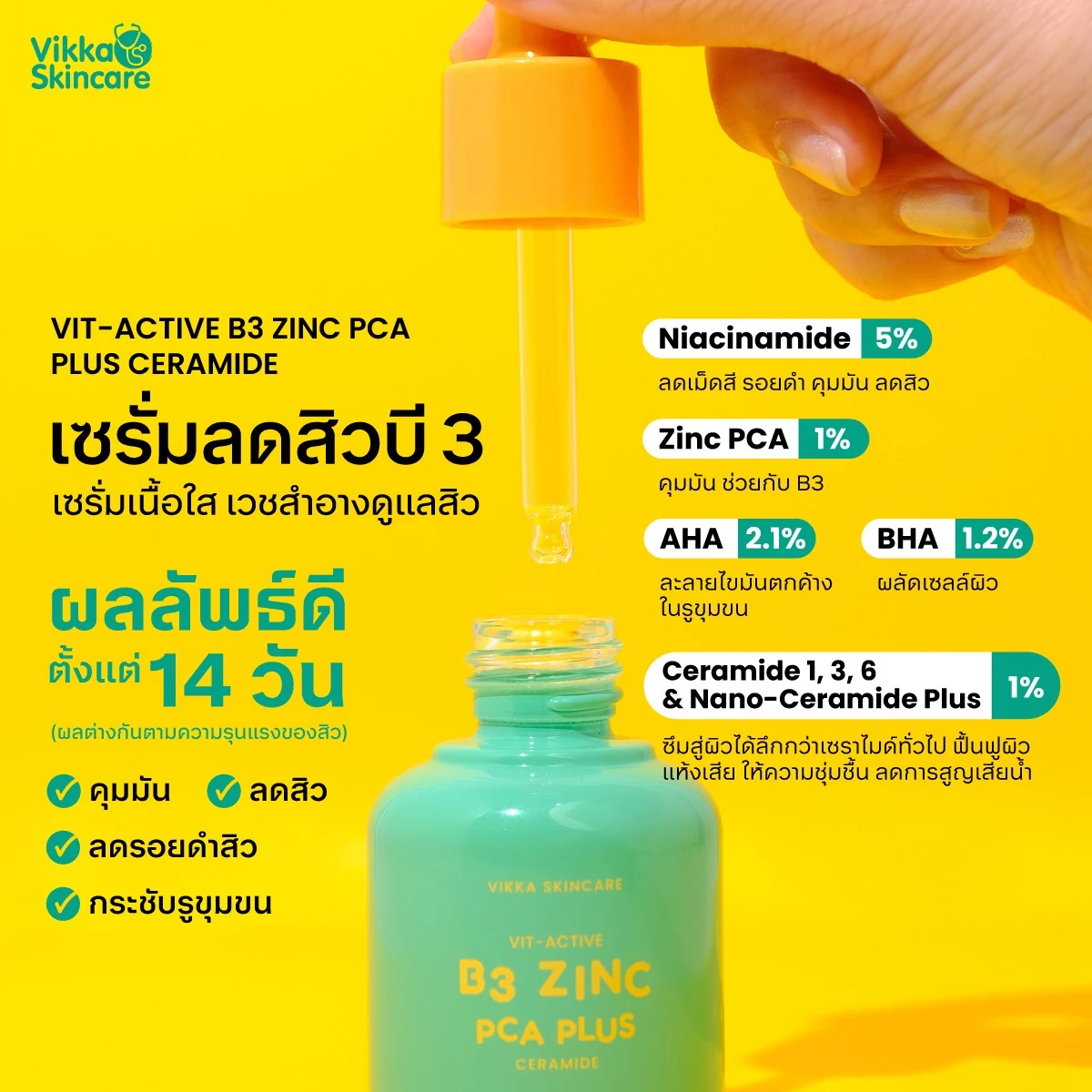 VIKKA SKINCARE Vit-Active B3 Zinc PCA Plus Ceramide (30 ml) เซรั่มบี 3 ลดรอยสิว กระชับรูขุมขน คุมมัน
